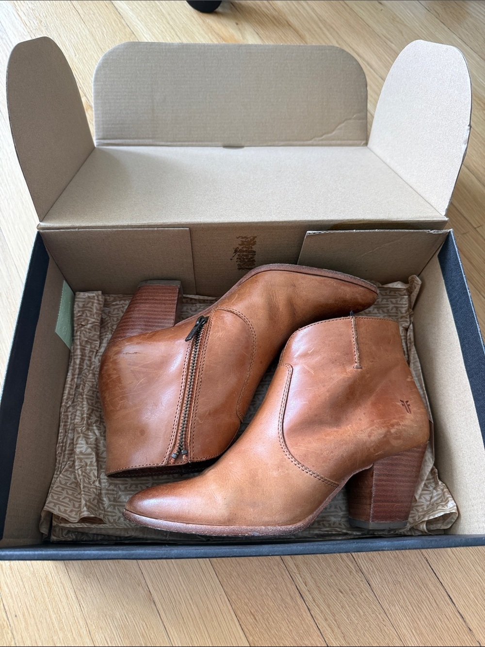 Frye Cognac Leather Side-Zip Ankle Booties